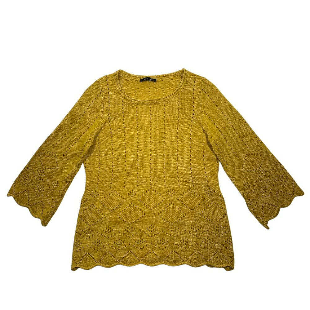 Allison Sheri bell sleeve round neck long sleeve knit sweater yellow mustard